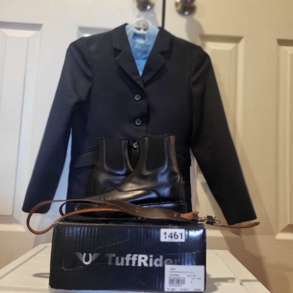 Kids Equestrian Show Coat size 8, Paddock boots size 3, garder belts, and belt